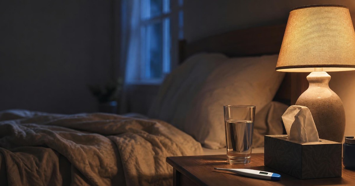 A dim bedroom at night with a digital thermometer, a glass of water and a box of tissues on a nightstand beside a lit lamp.