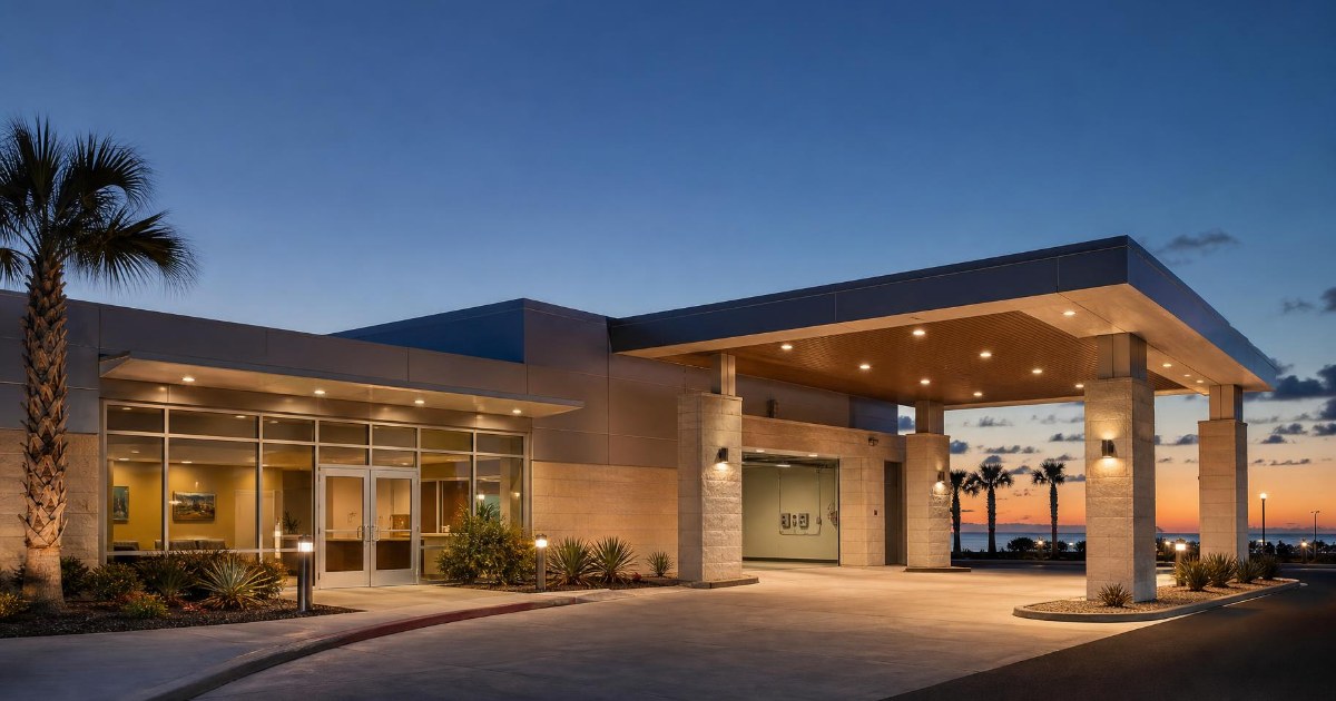 A lit freestanding emergency room building with an ambulance bay at dusk on the South Texas coast.