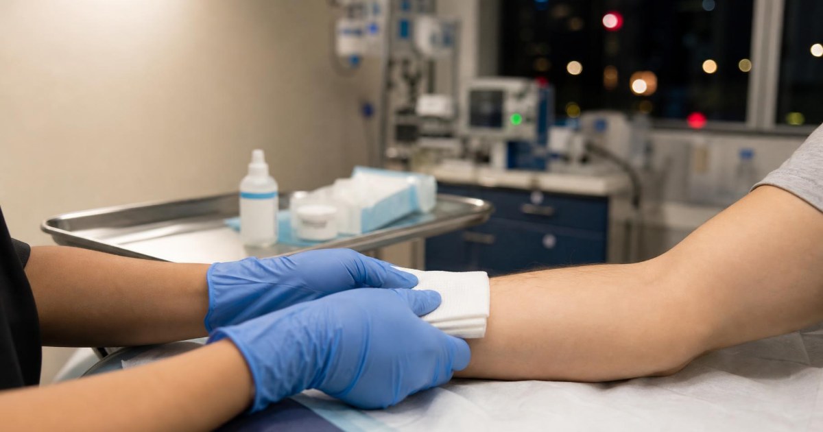Gloved hands holding a clean gauze pad against a person's forearm in a softly lit emergency room treatment bay.
